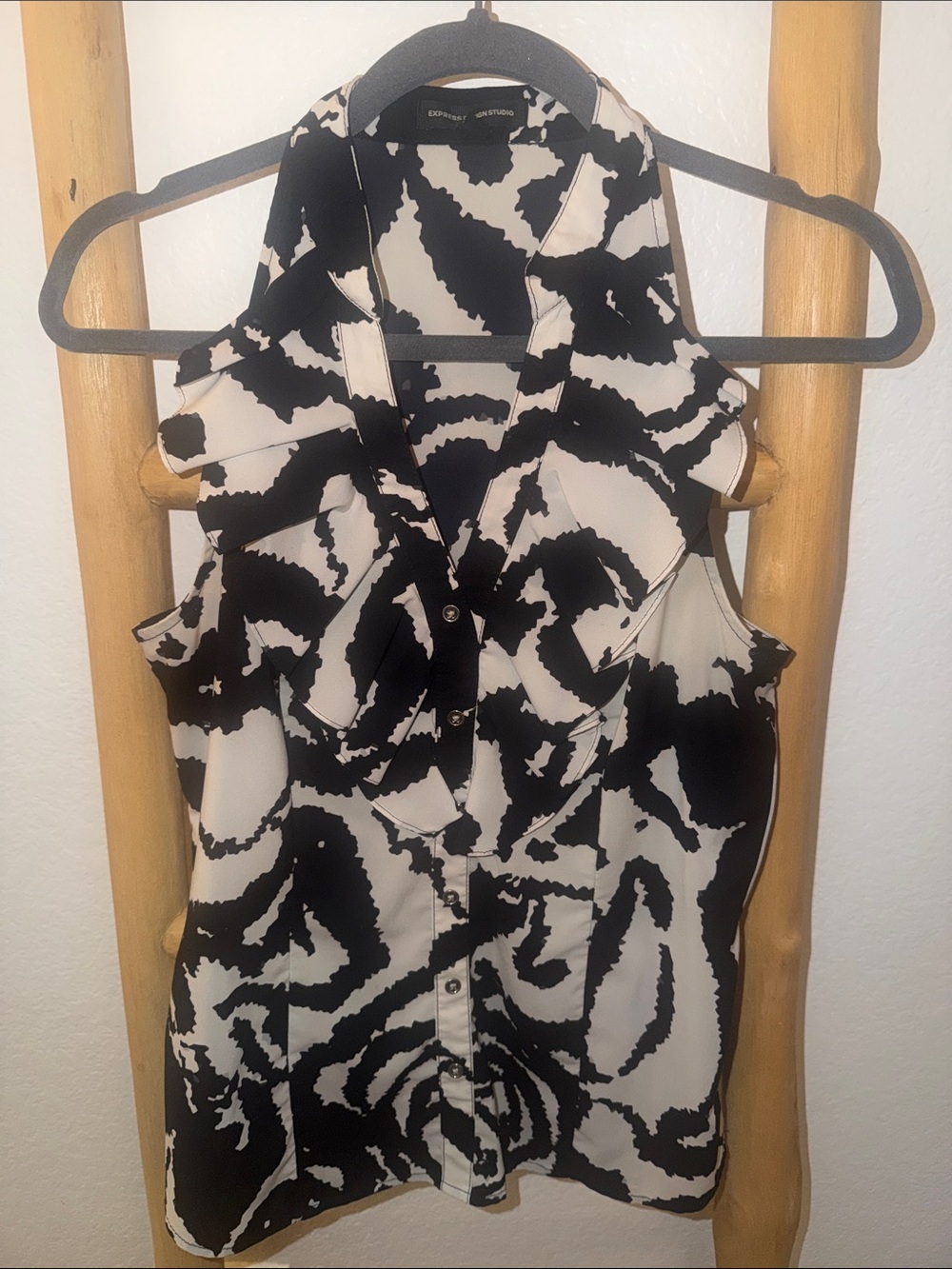 Express Black and White Ruffle-Front Sleeveless Blouse Dress
